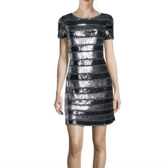 Aidan Mattox Striped Sequin Glitter Mini Cocktail Dress Blue Silver 2 - Picture 1 of 11